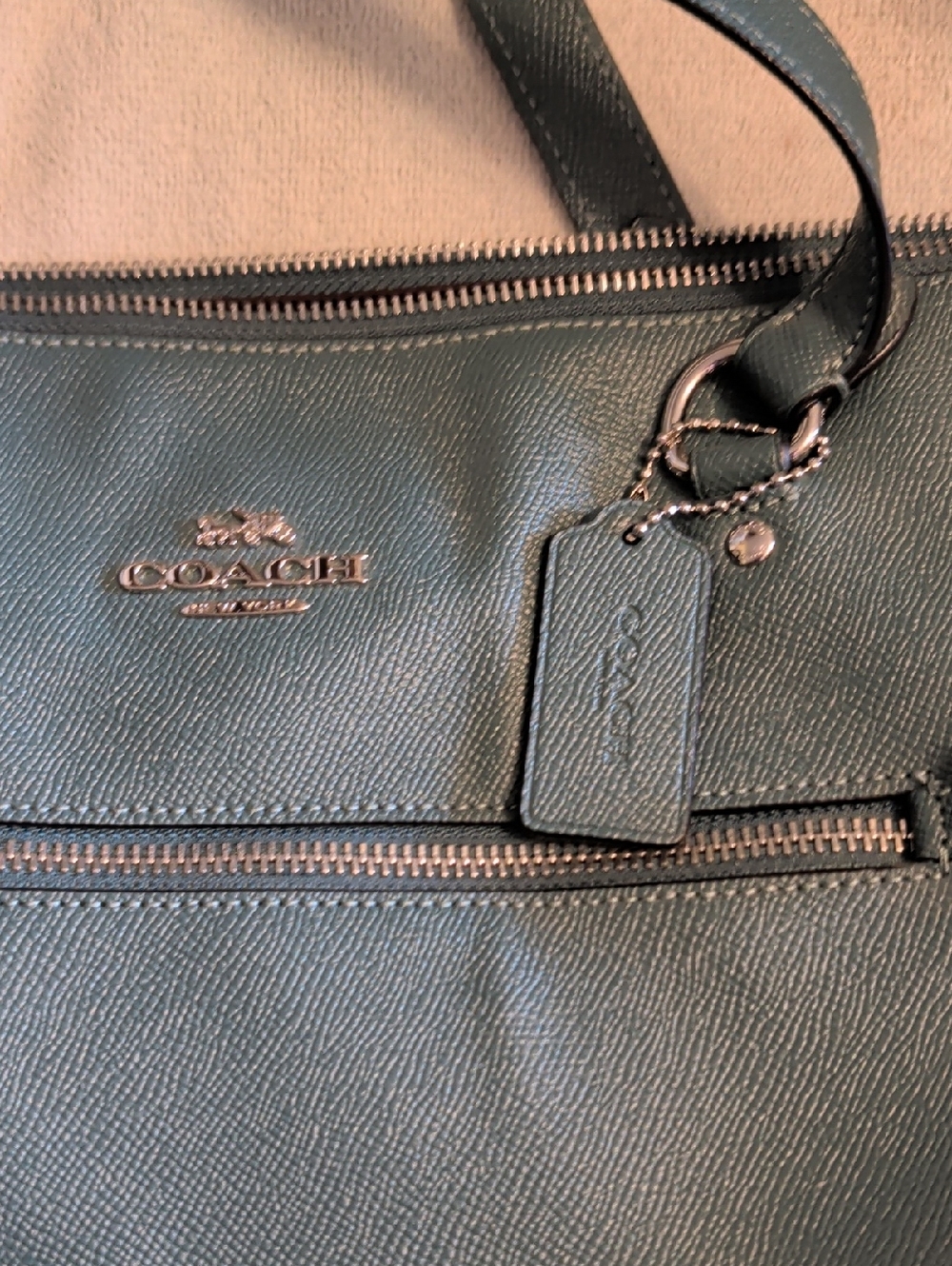Coach Teal Green Leather Shoulder Tote with Exterior Zip Pocket - Picture 3 of 6